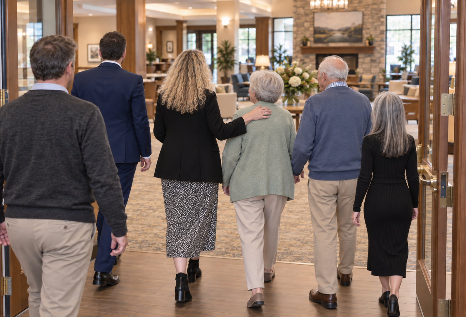 An Above & Beyond advisor walking with a senior couple and their family into a warm senior living community