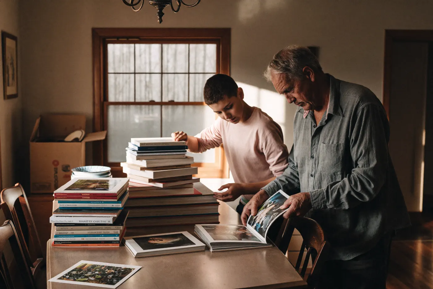 An older man and his son sort photographs and dishes at the dining table while downsizing