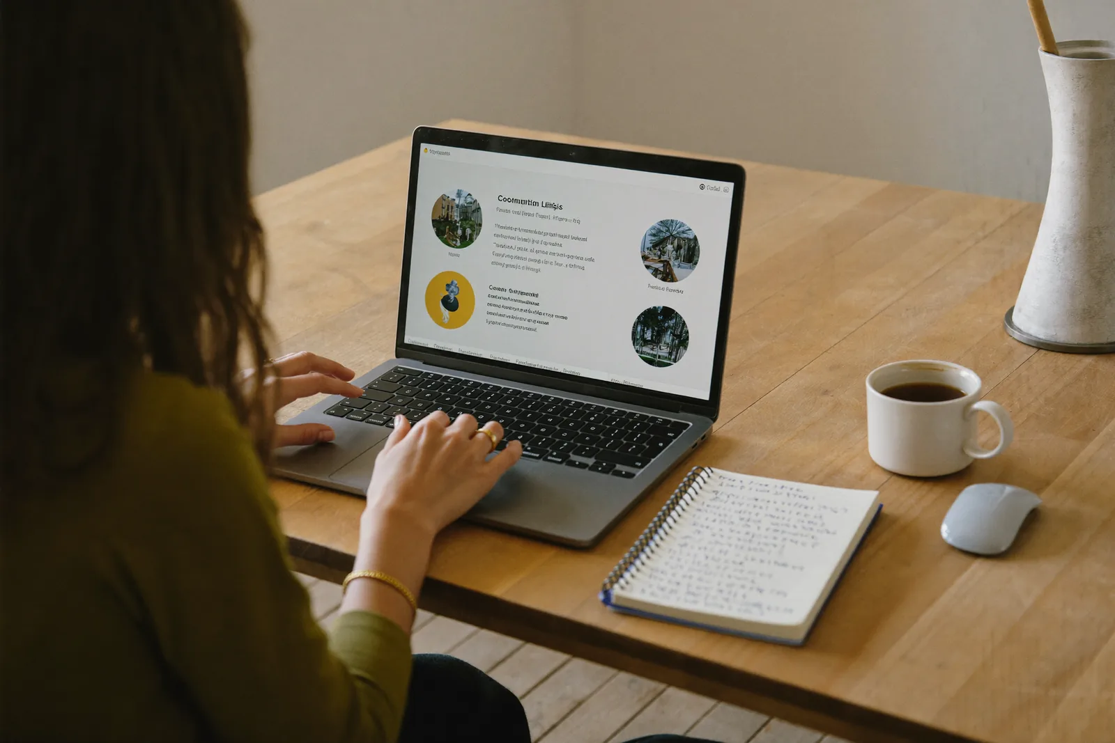 Adult daughter comparing community listings on a laptop at her kitchen table