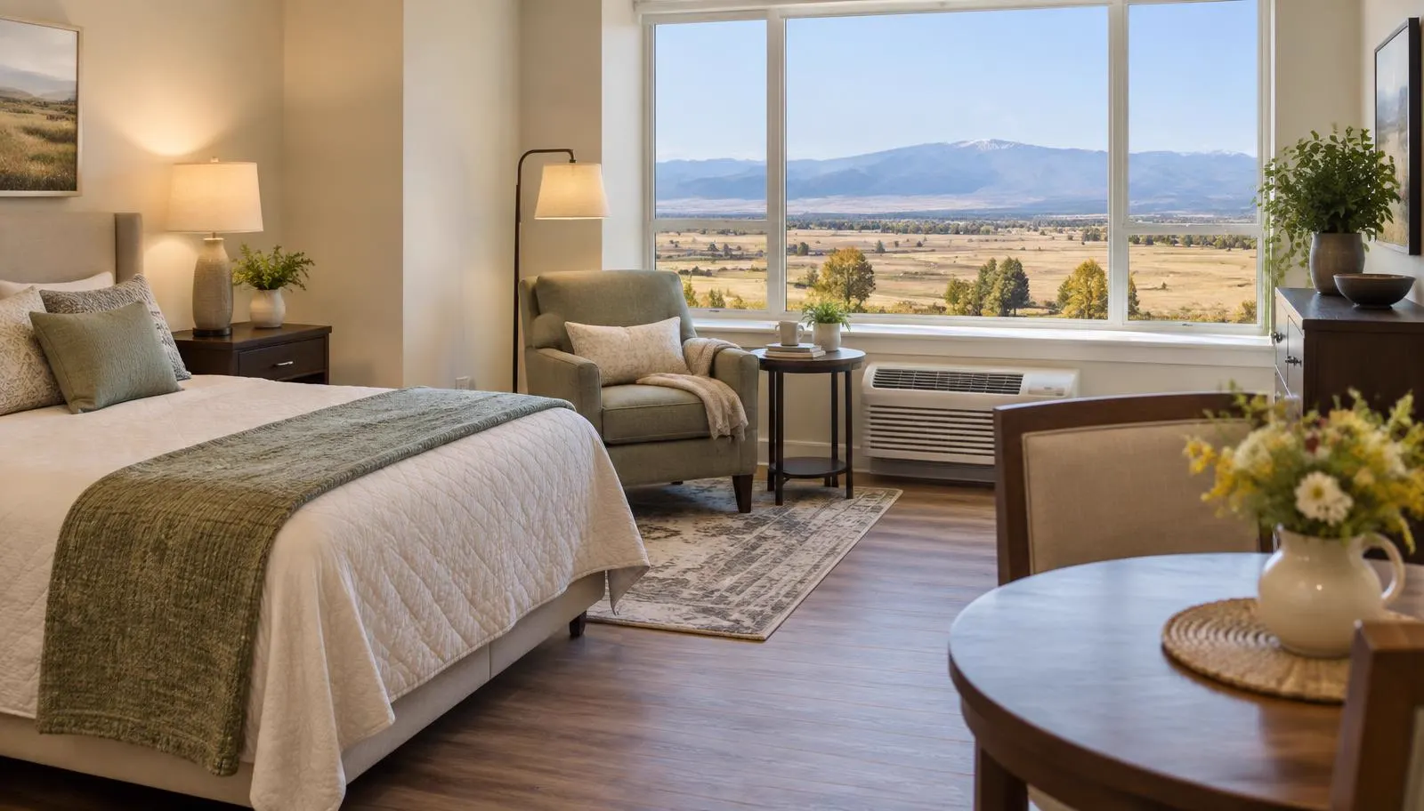 A bright assisted living studio apartment with a reading chair by a large window