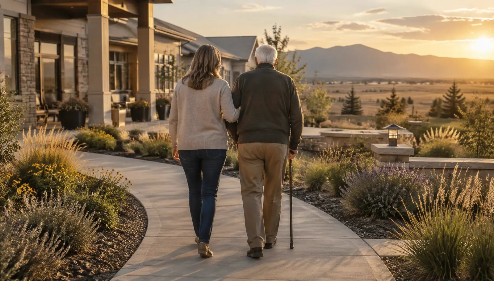 Adult daughter and her father walking a landscaped path outside a single story assisted living community on the Colorado plains