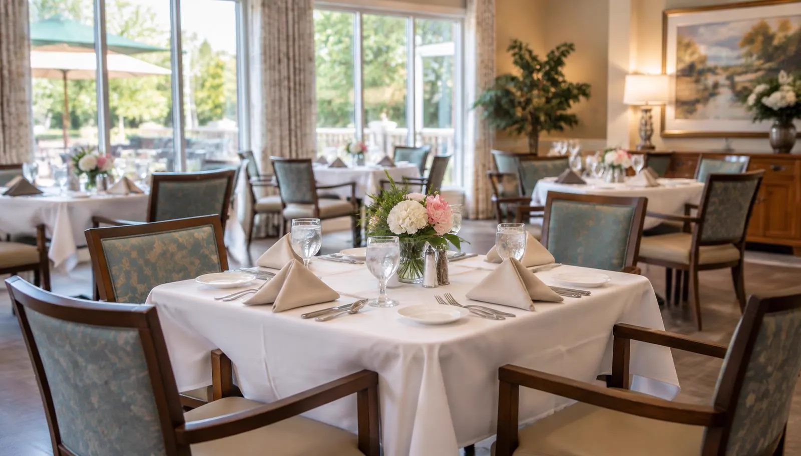 A senior community dining room set for lunch in warm daylight