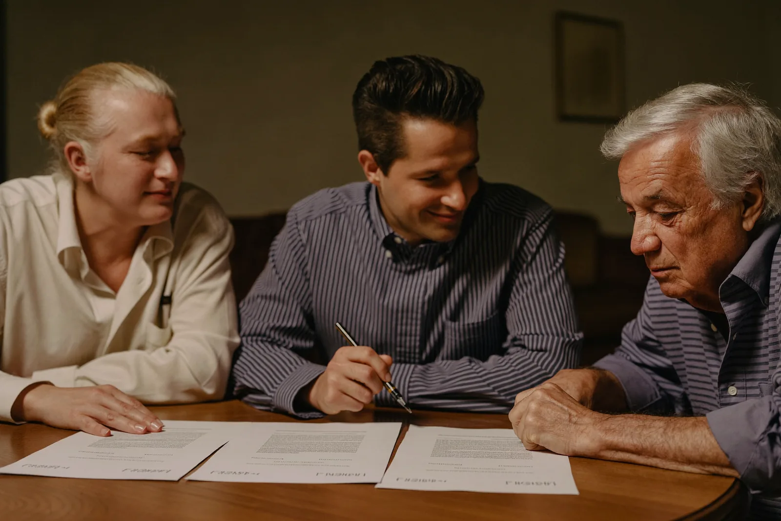 Family reviewing contract pages with a community director