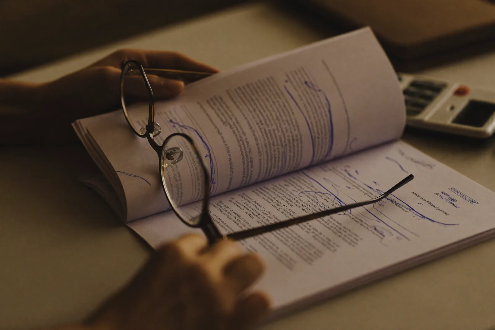 Hands reviewing a residency agreement with a pen and calculator nearby