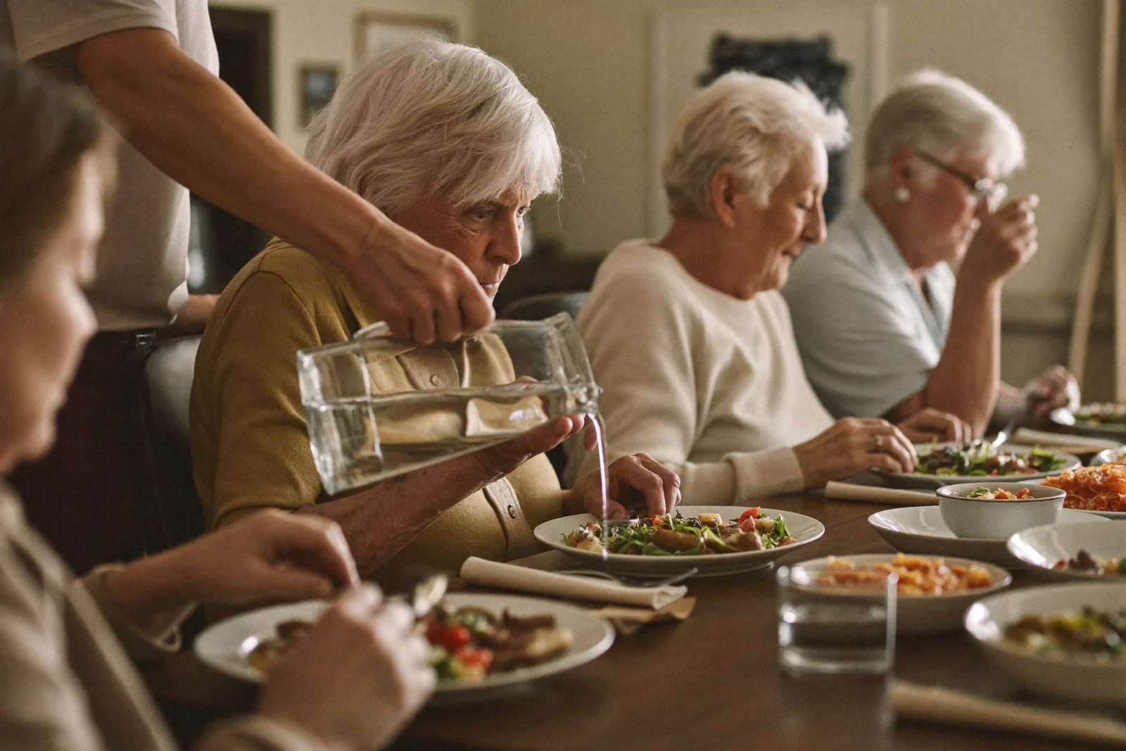 Residents sharing a meal in an assisted living dining room