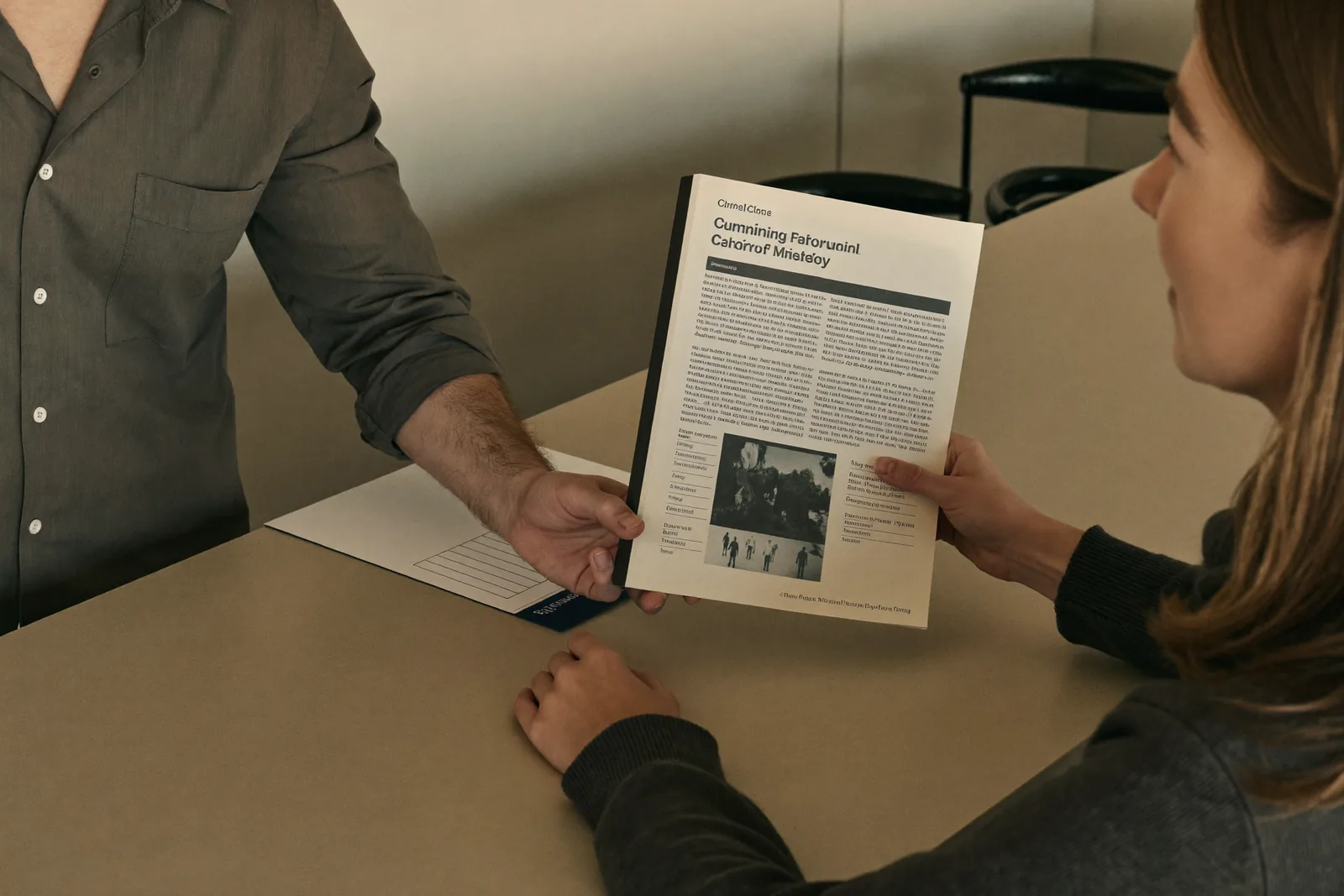 Administrator handing a survey binder to a visiting family member