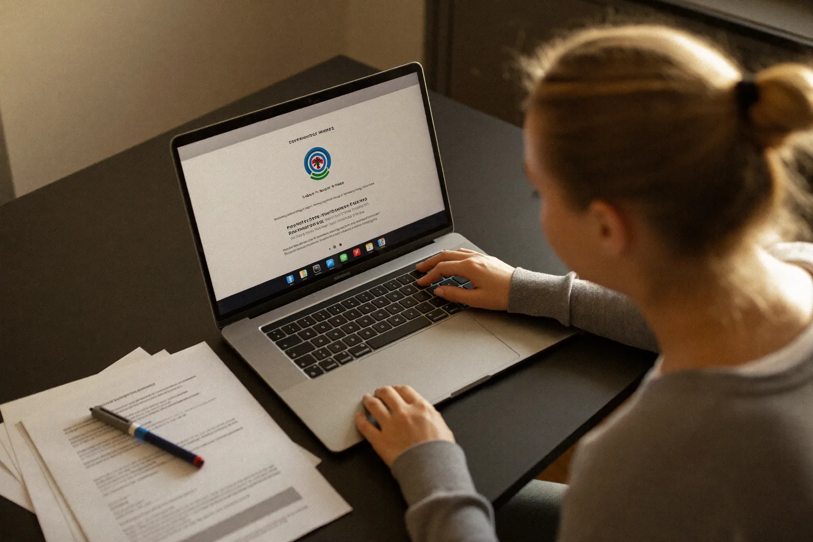 Adult daughter reading a state inspection report at her home desk
