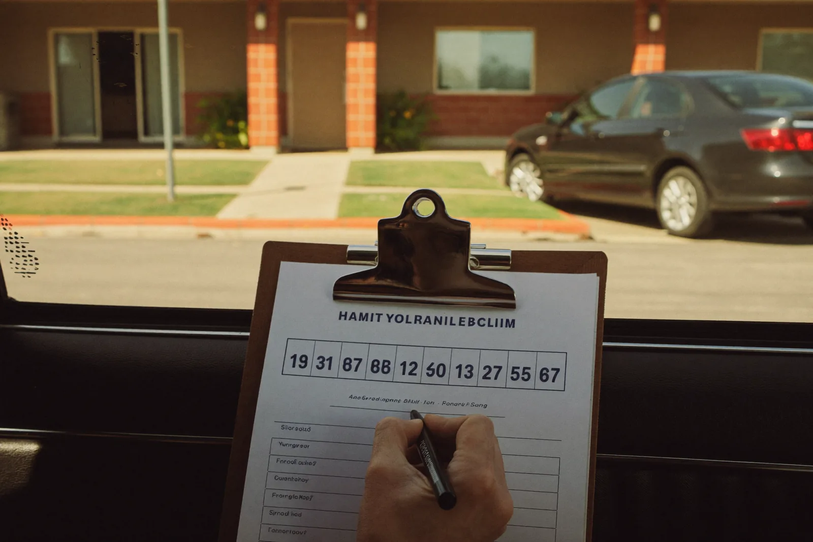 Hand filling in a rating scorecard on a clipboard after a tour