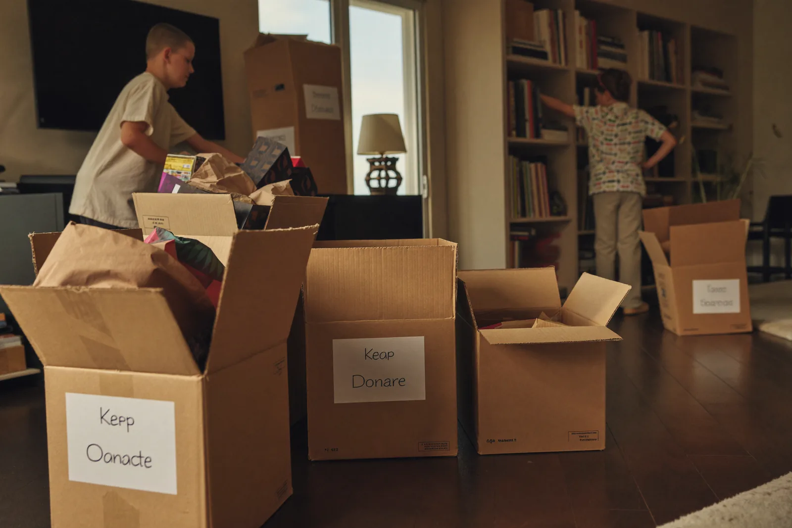 Adult children sorting labeled keep and donate boxes in a living room