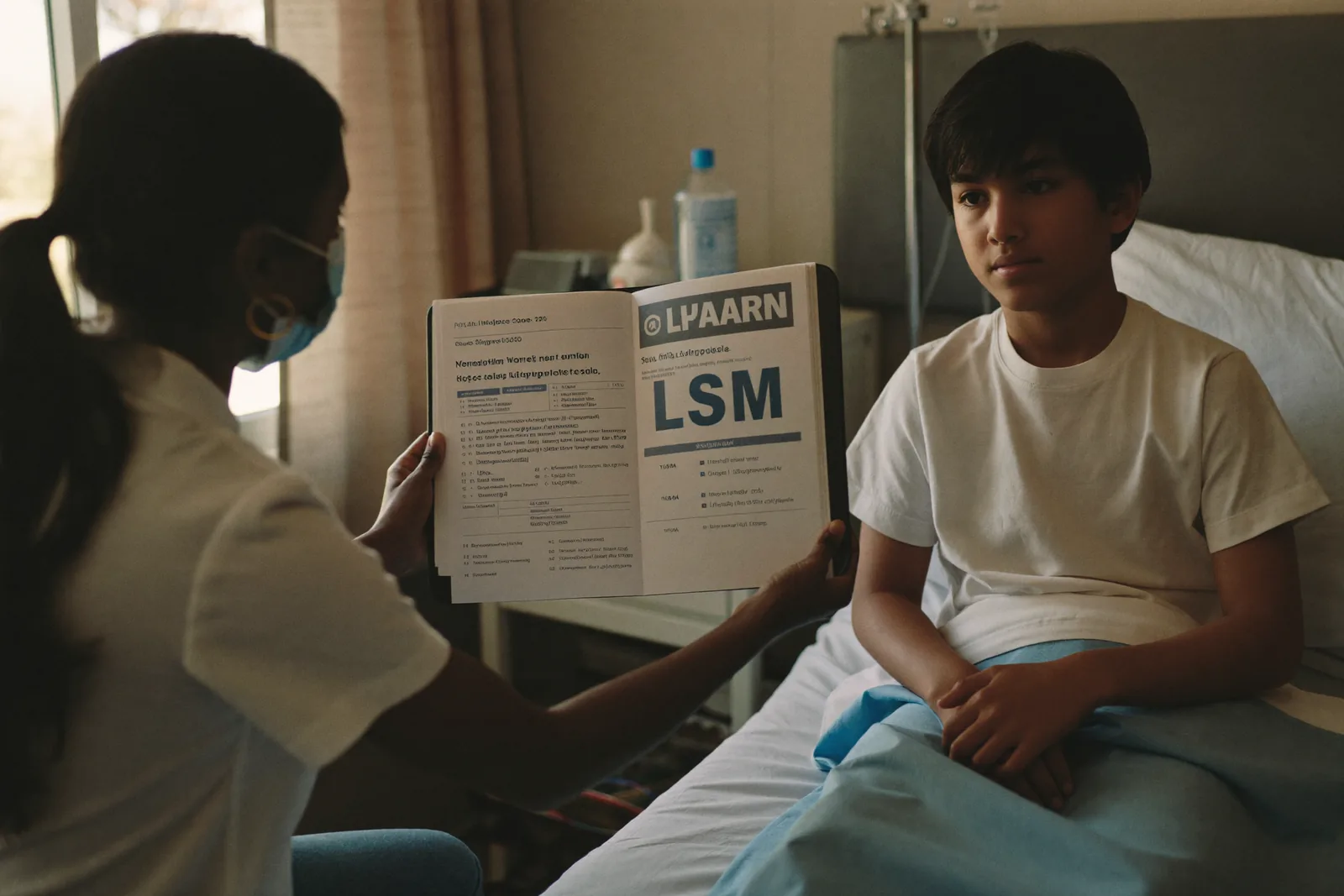 Nurse reviewing a discharge summary with an adult son at the bedside