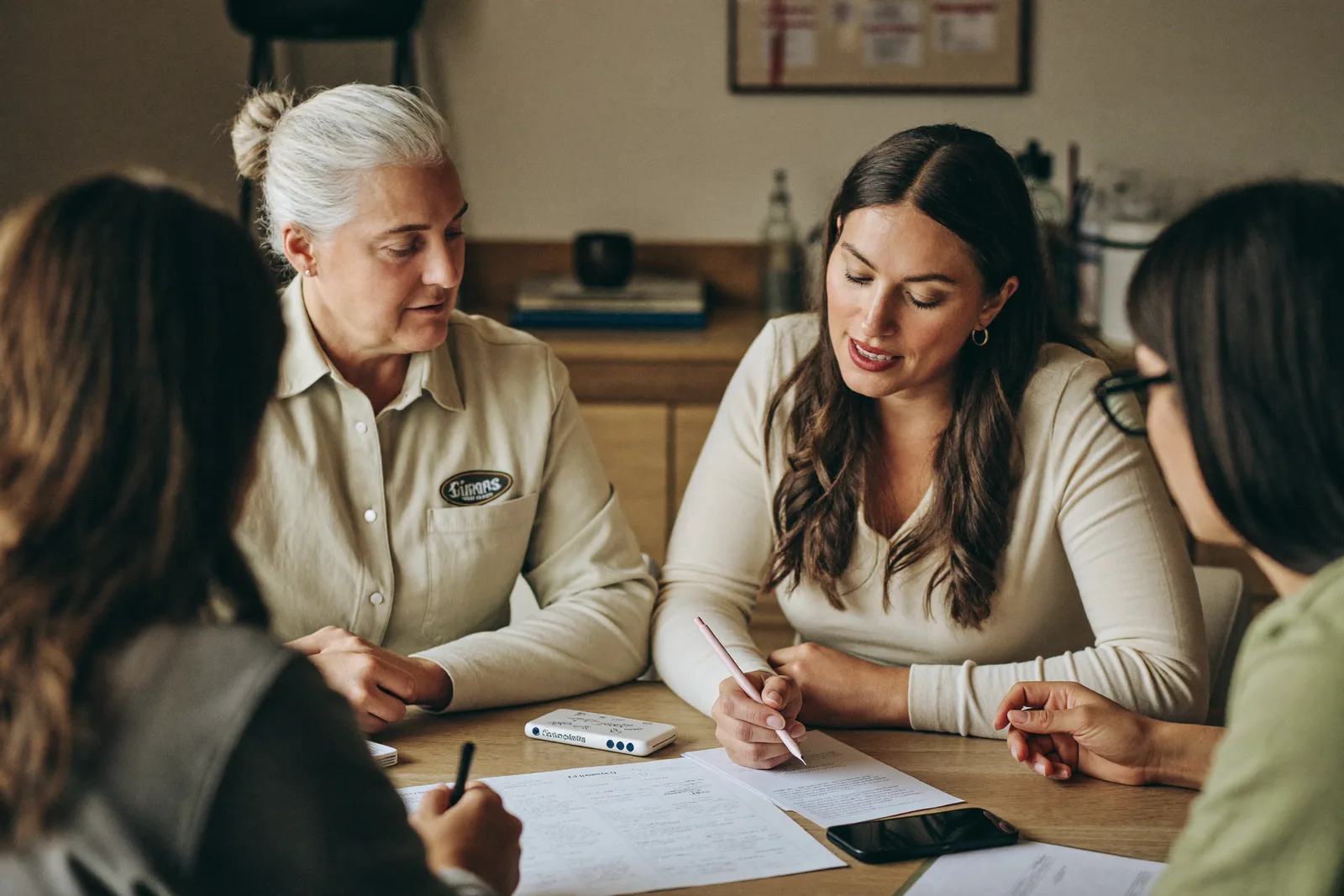 Care team reviewing a resident care plan around a table