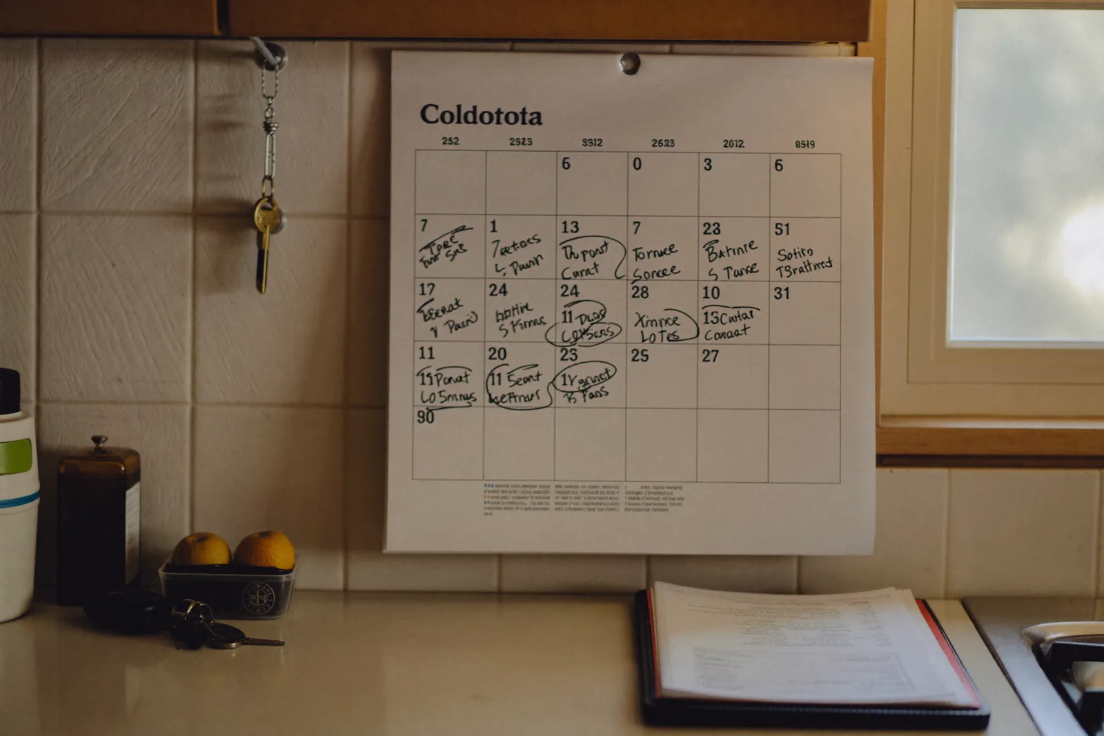 Kitchen calendar with tour dates circled beside a folder of records