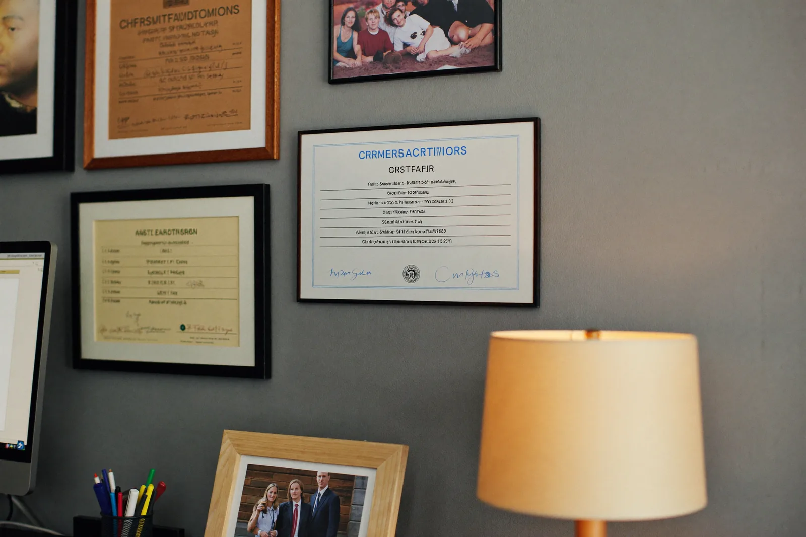 Framed certifications on an office wall beside a desk lamp