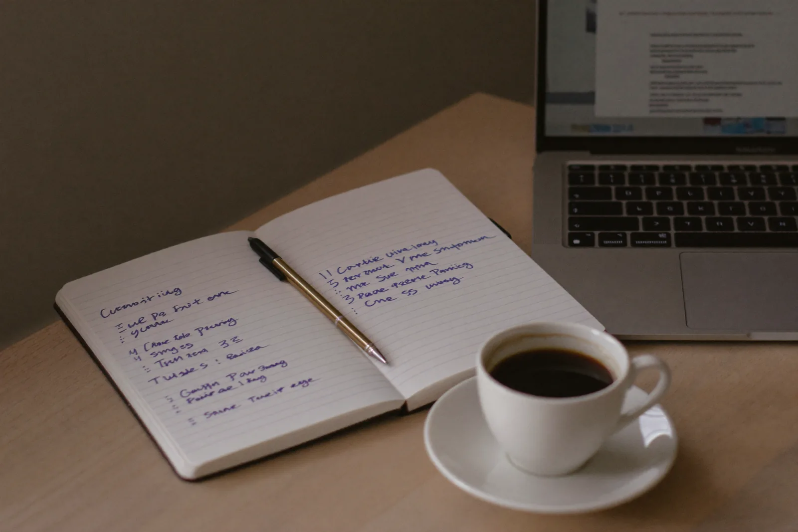 Handwritten step by step plan beside a laptop and coffee