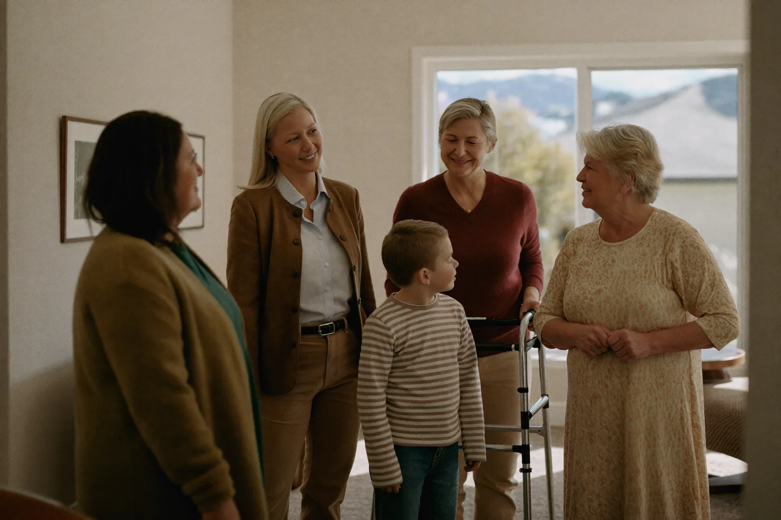 Three generations touring a bright senior living common room
