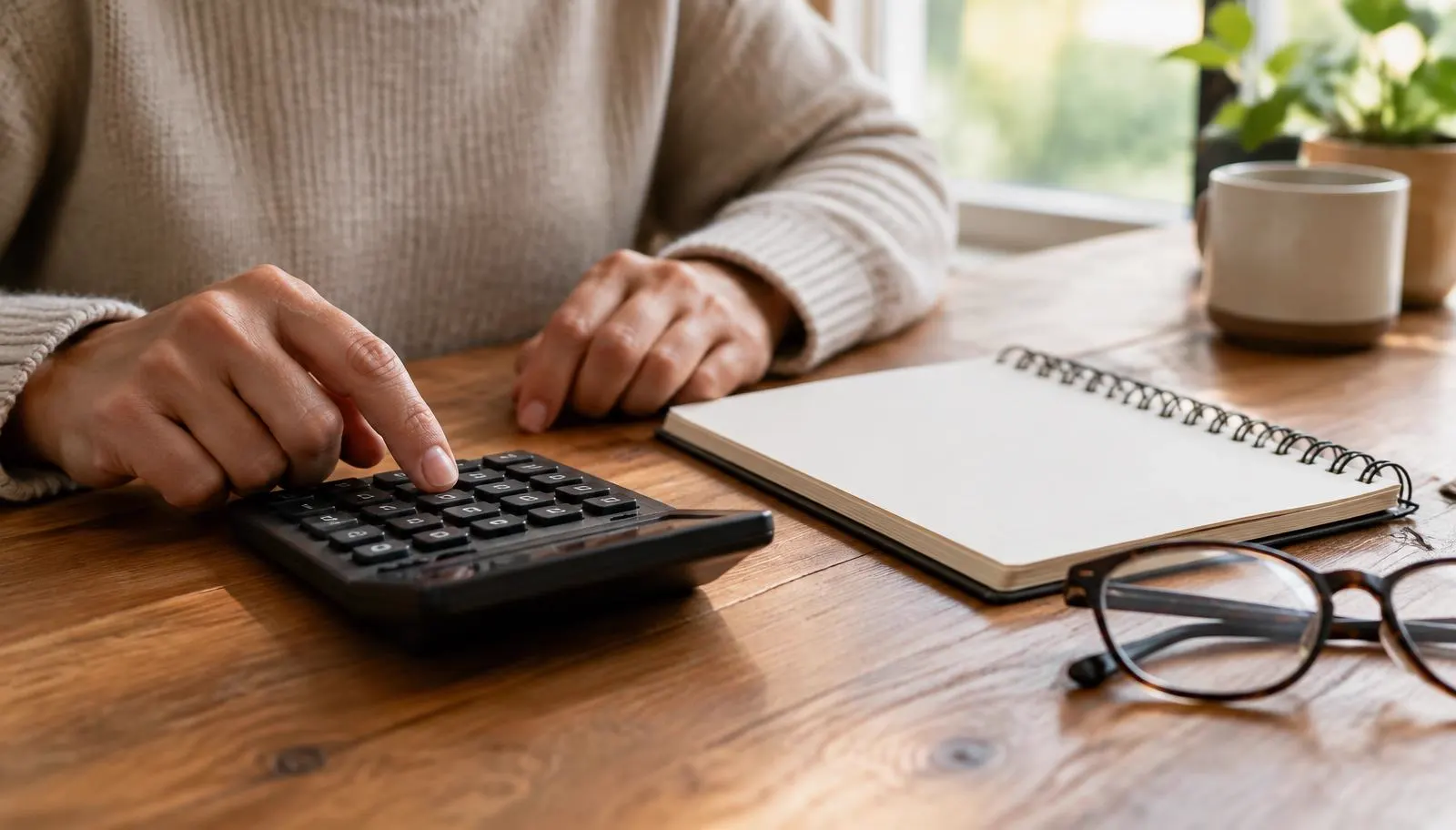 Hands using a calculator beside a notepad and reading glasses on a wooden table