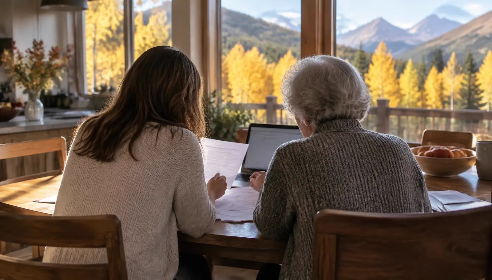 Adult daughter and her mother seen from behind reviewing paperwork and a laptop at a kitchen table with autumn aspens outside