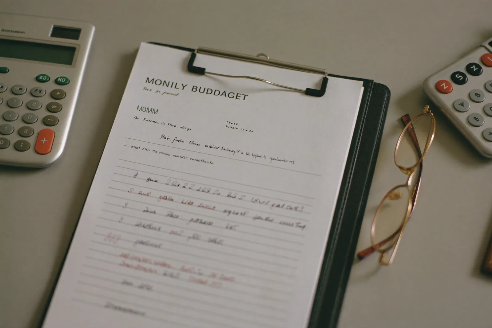 Monthly budget worksheet with a calculator and reading glasses