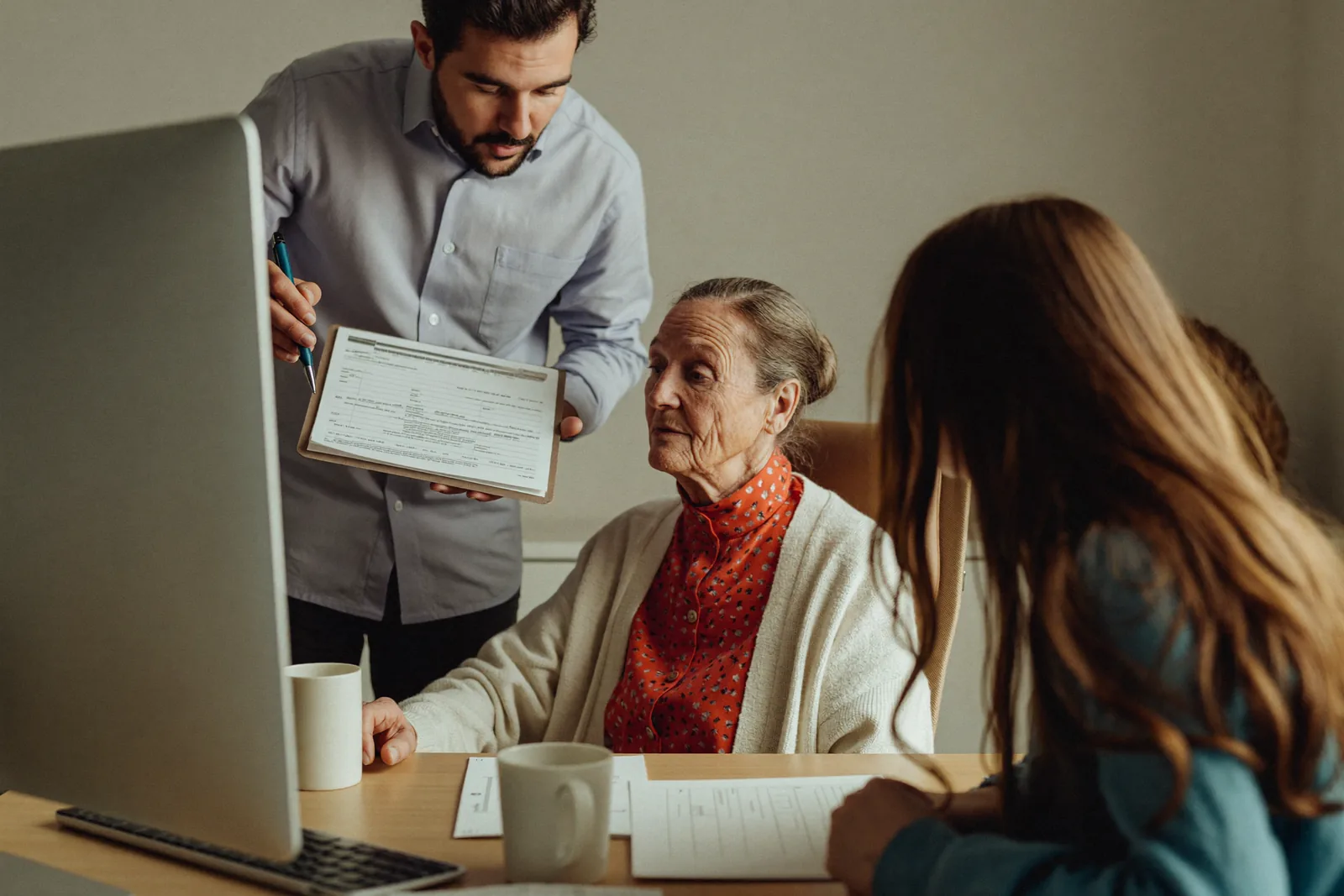 Advisor explaining a funding worksheet to a mother and daughter