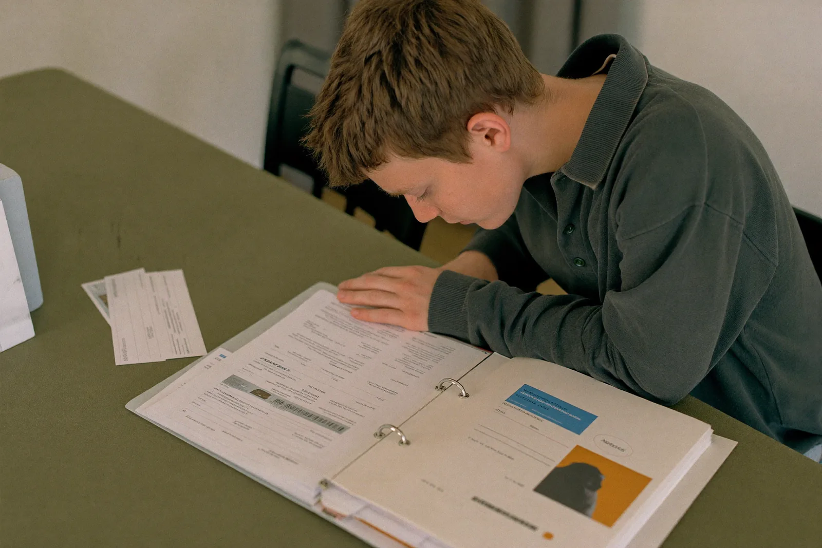 Adult son organizing benefit paperwork into labeled folders