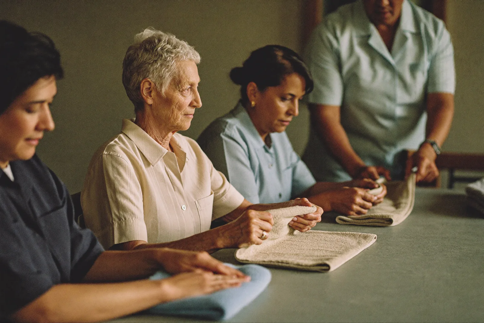 Memory care residents folding towels together with a caregiver