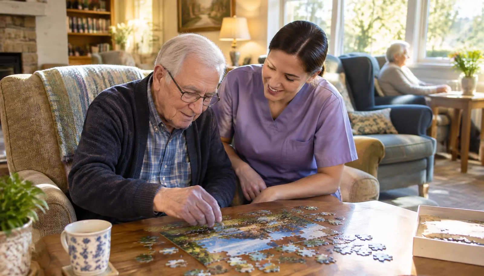 Caregiver helping a resident with a puzzle in a memory care common room