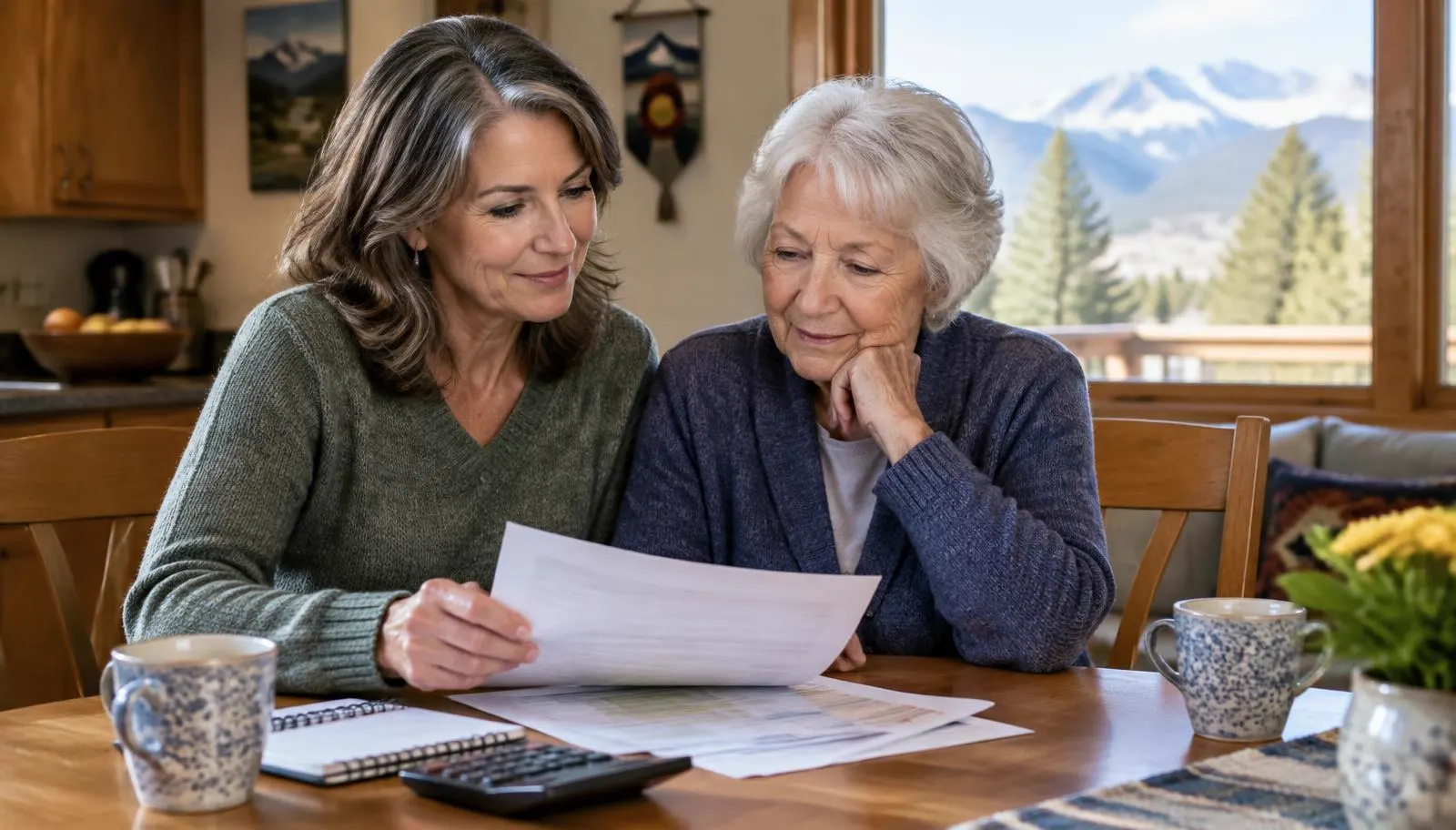 Adult daughter and her mother reviewing a care budget at a Colorado kitchen table