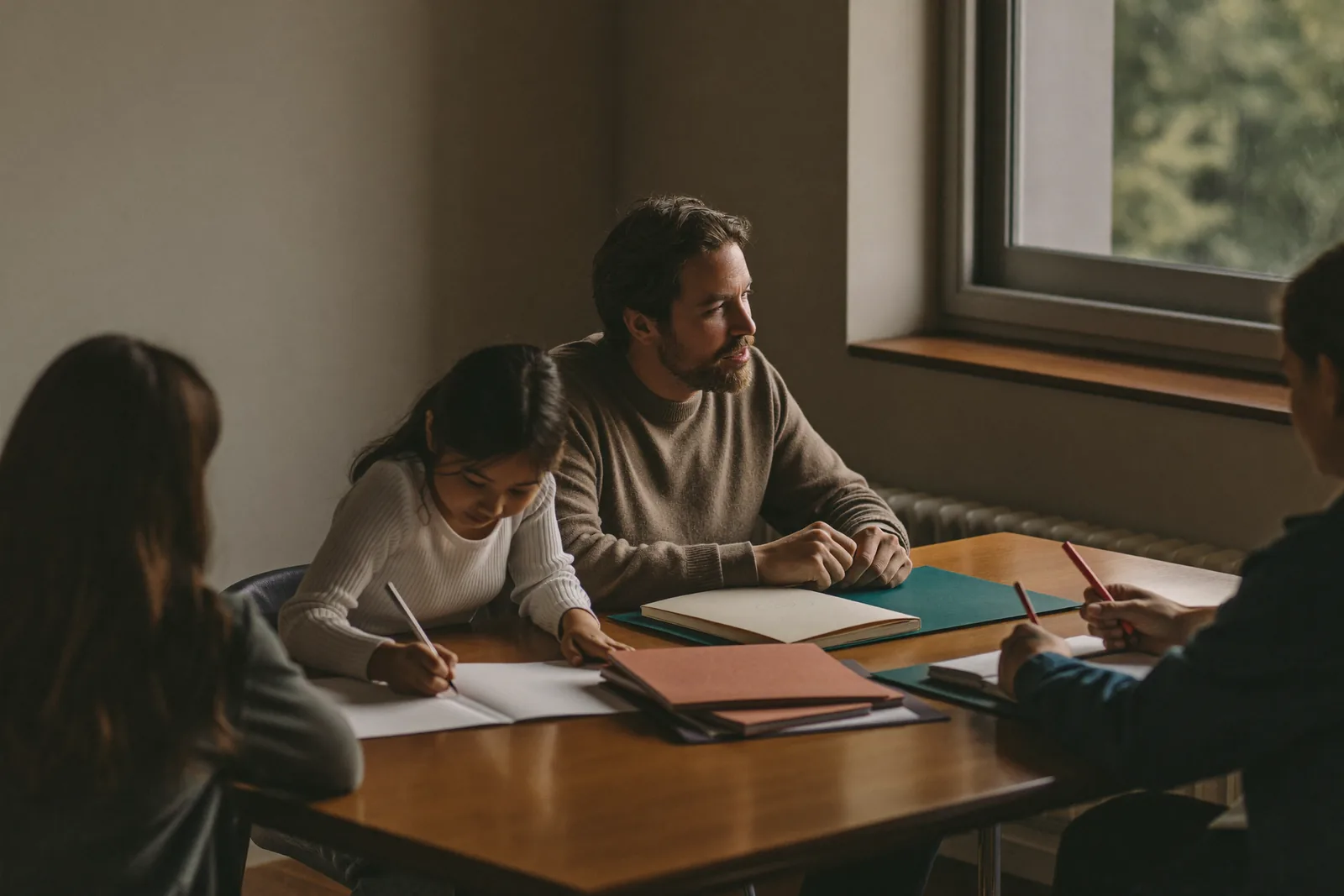 Two professionals meeting a family in a warm office