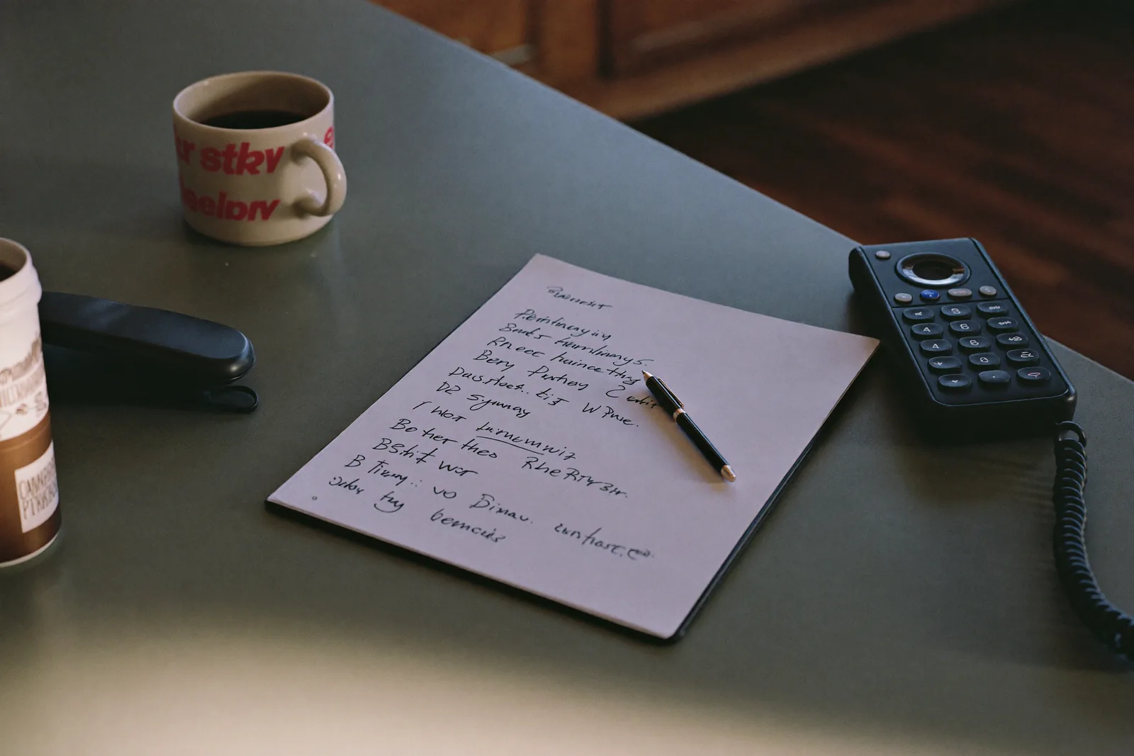 Handwritten list of questions on a legal pad beside a phone