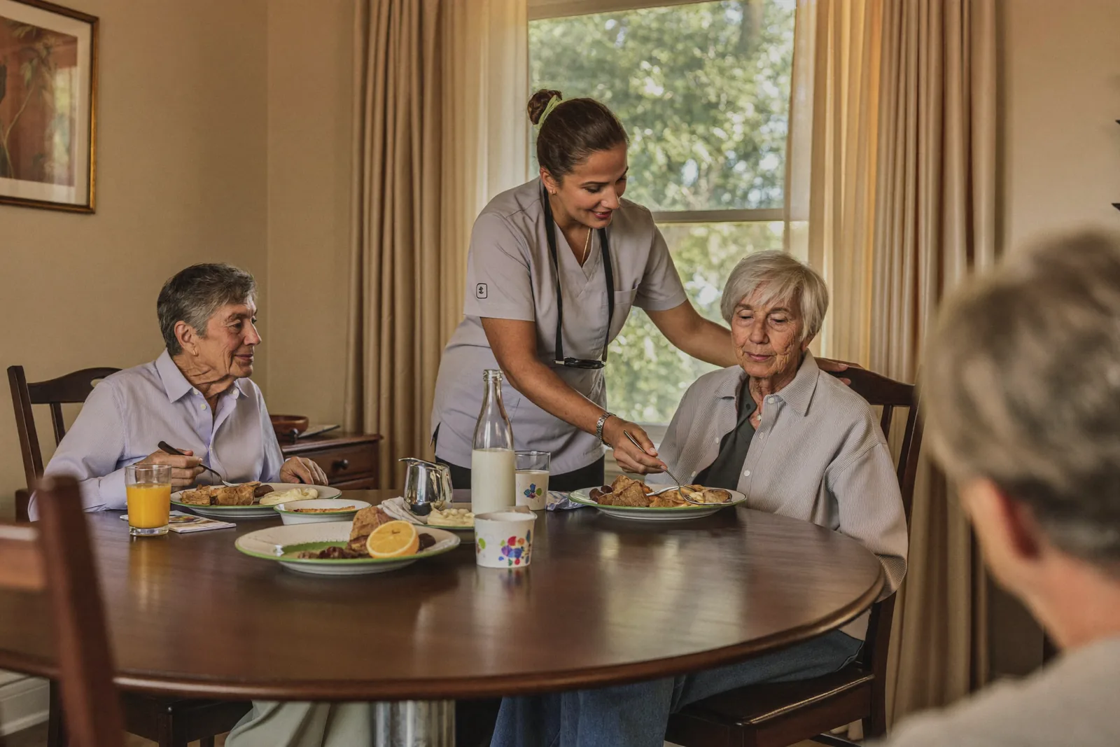 Caregiver assisting a resident with breakfast while a visitor observes