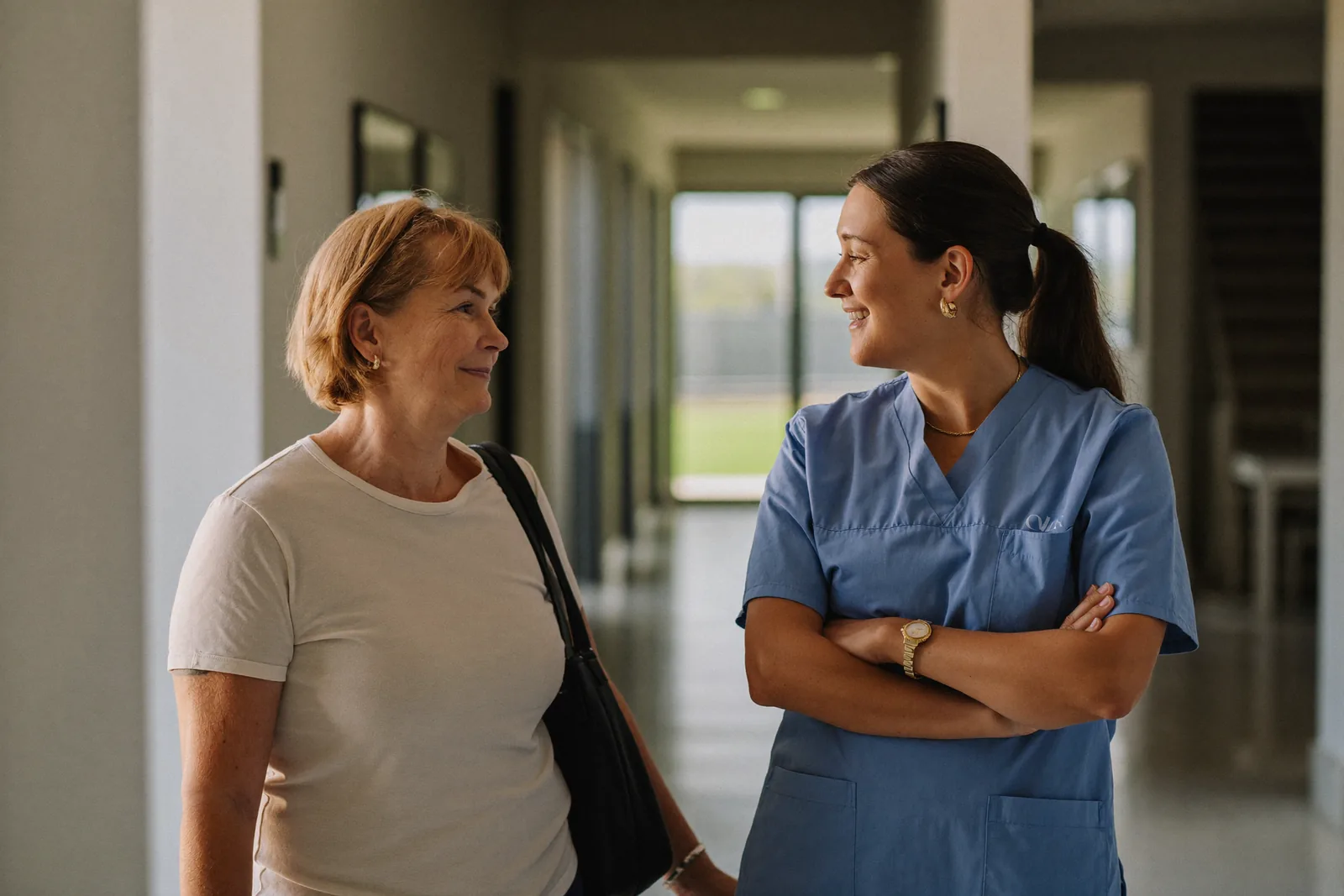 Family member talking with a caregiver in a community hallway