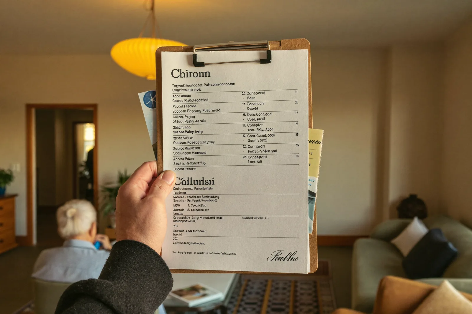 Tour checklist on a clipboard held in a senior living lobby