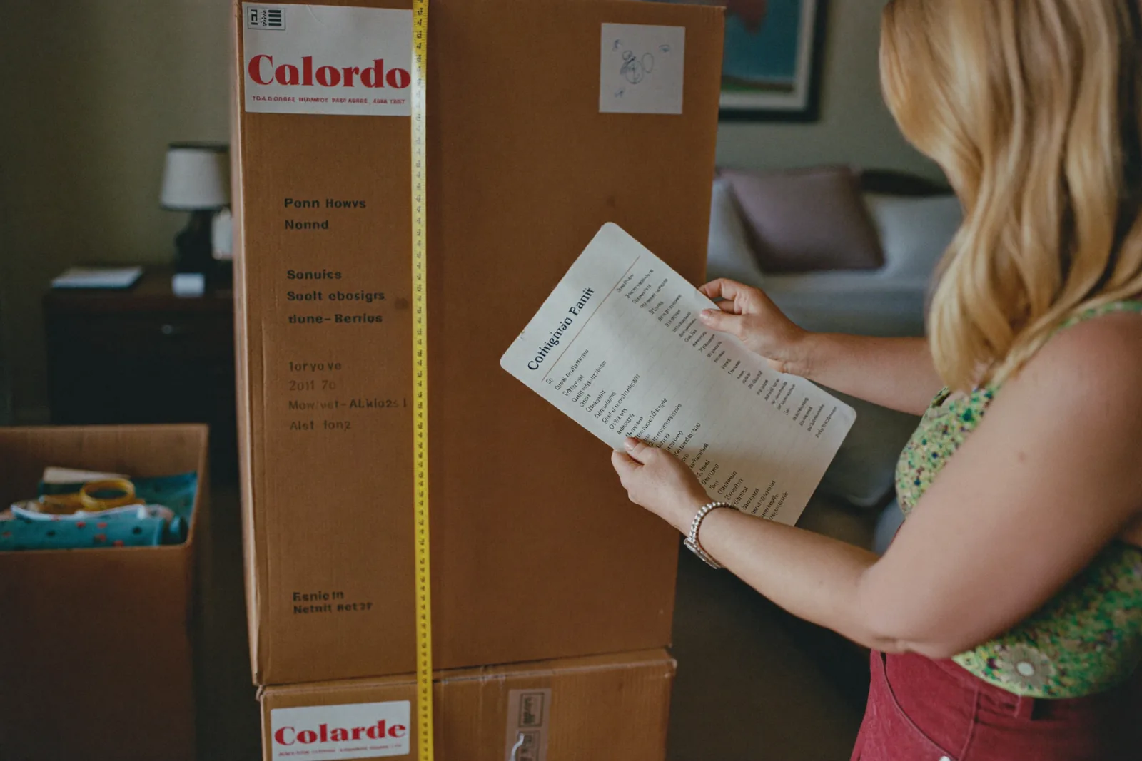 Labeled moving boxes and a measuring tape in a senior bedroom