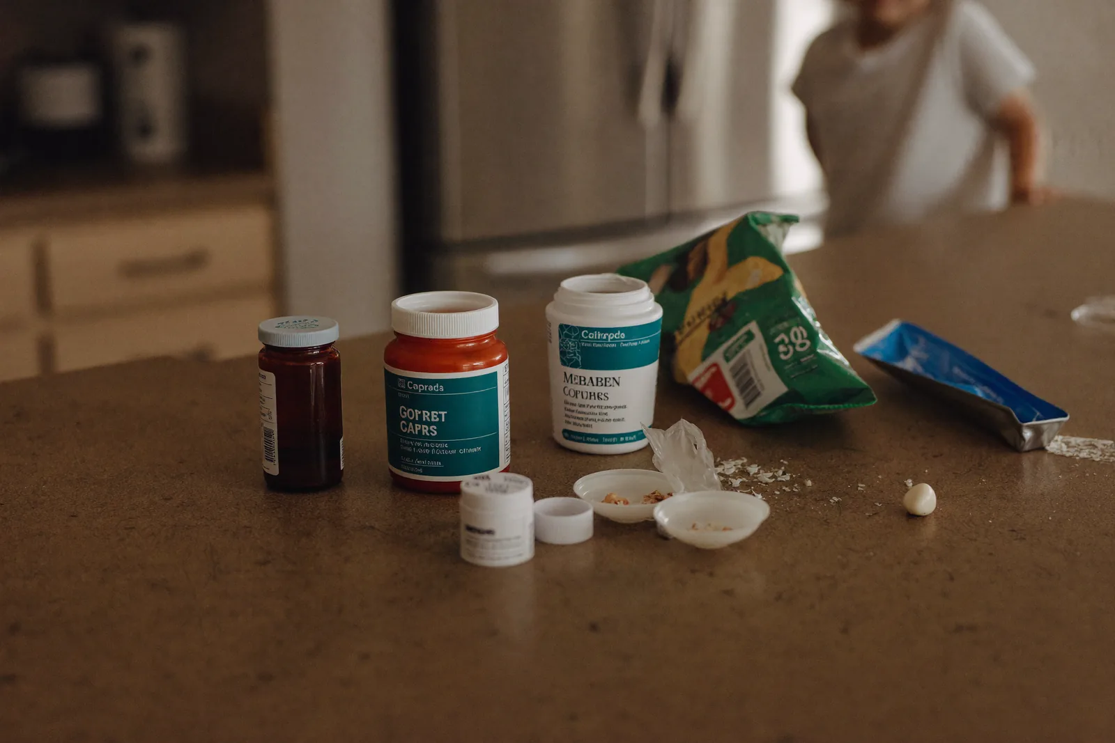 Unopened medication bottles noticed on a kitchen counter