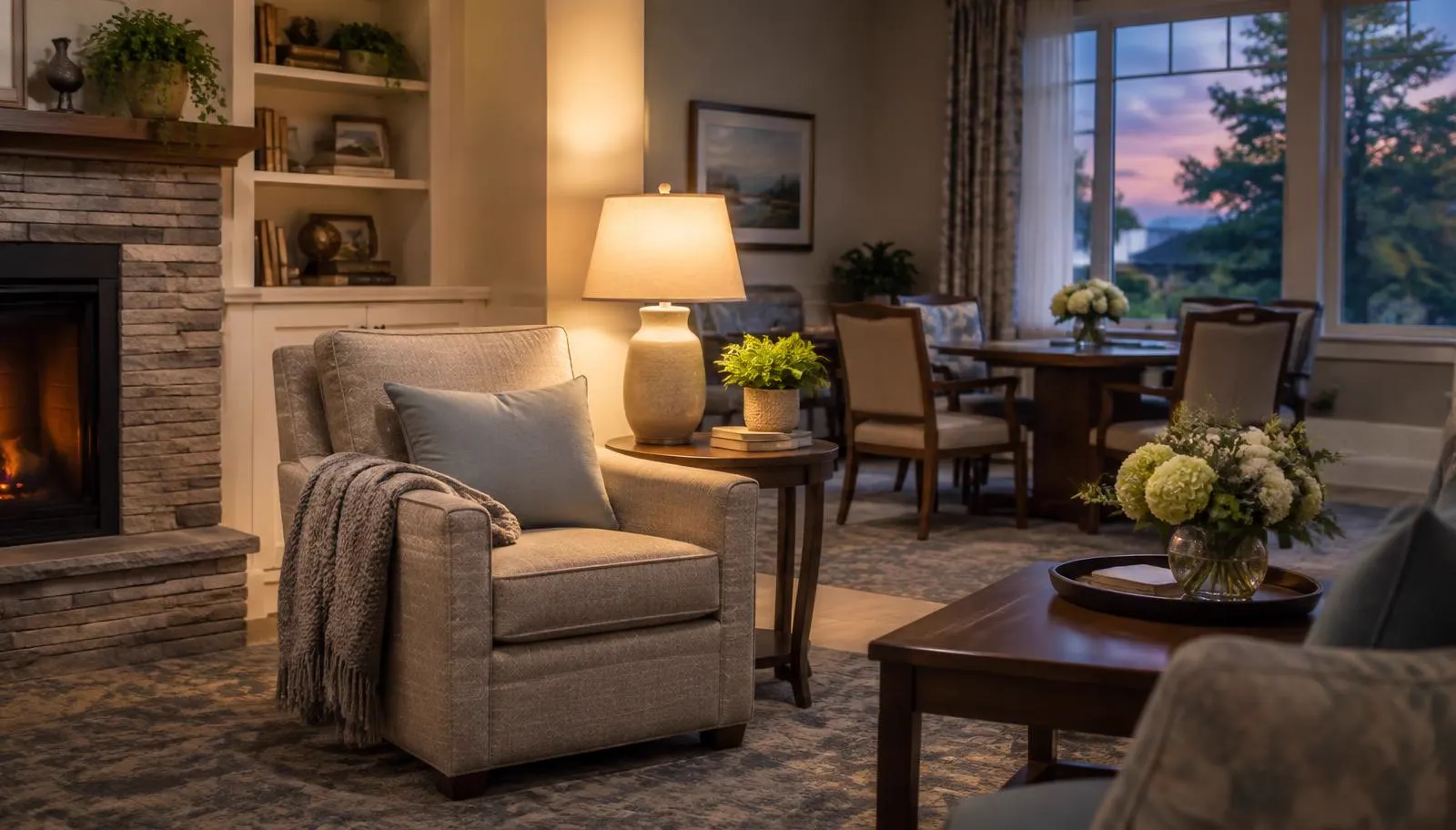 A softly lit memory care common room in early evening with a reading chair and lamp