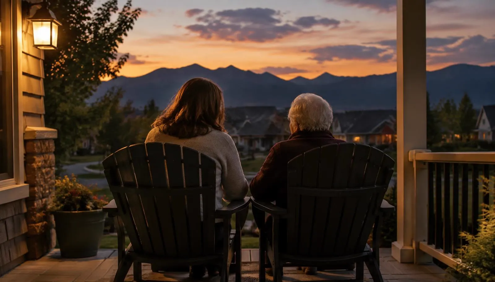 Caregiver and an older parent seen from behind sitting on a porch at dusk under warm porch light with Colorado foothills beyond