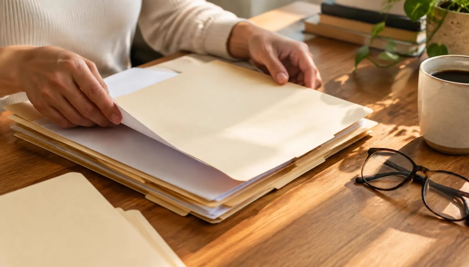 Organizing benefit paperwork into folders on a wooden desk