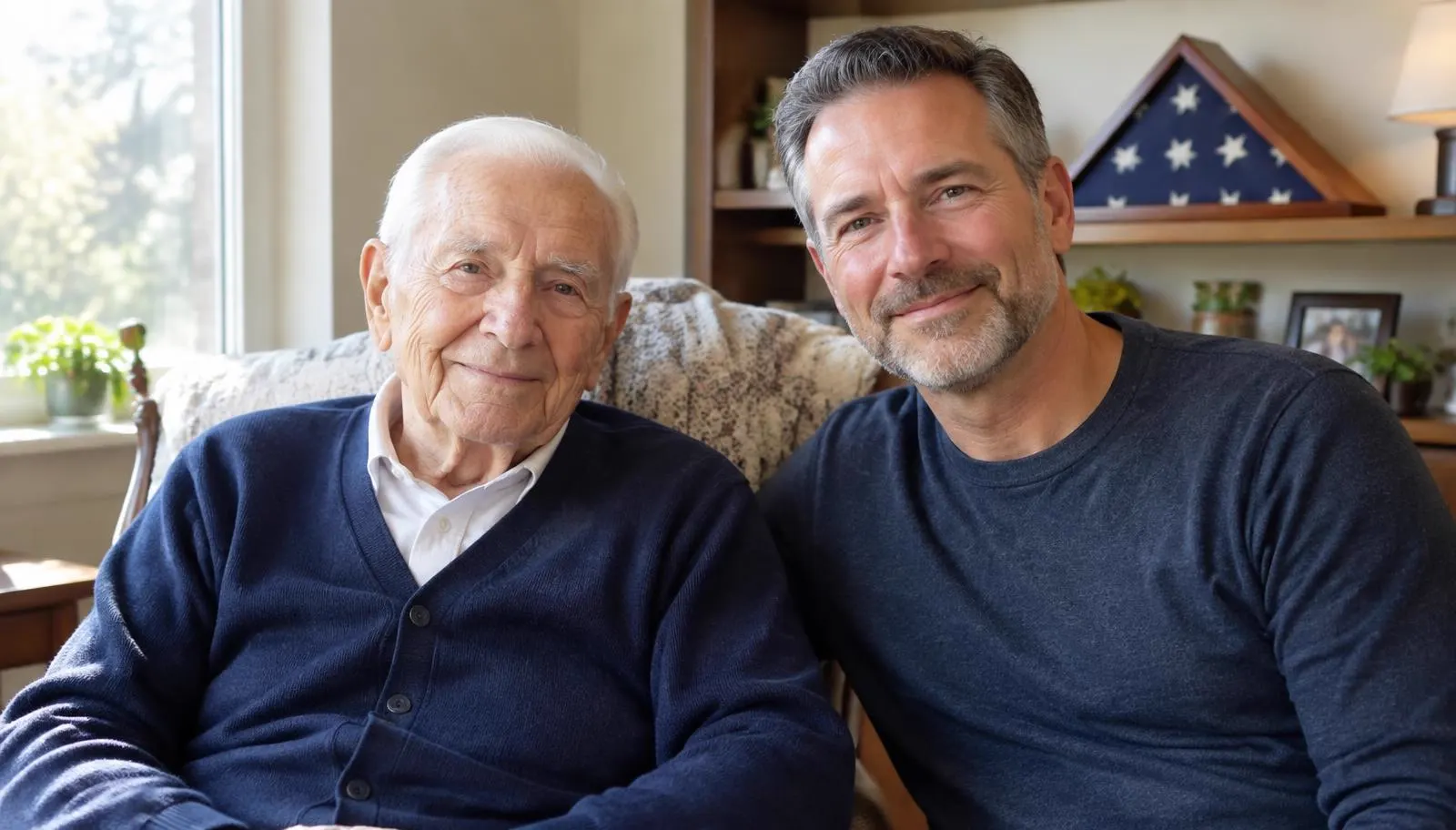 Elderly veteran and his adult son sitting together in a sunny assisted living apartment