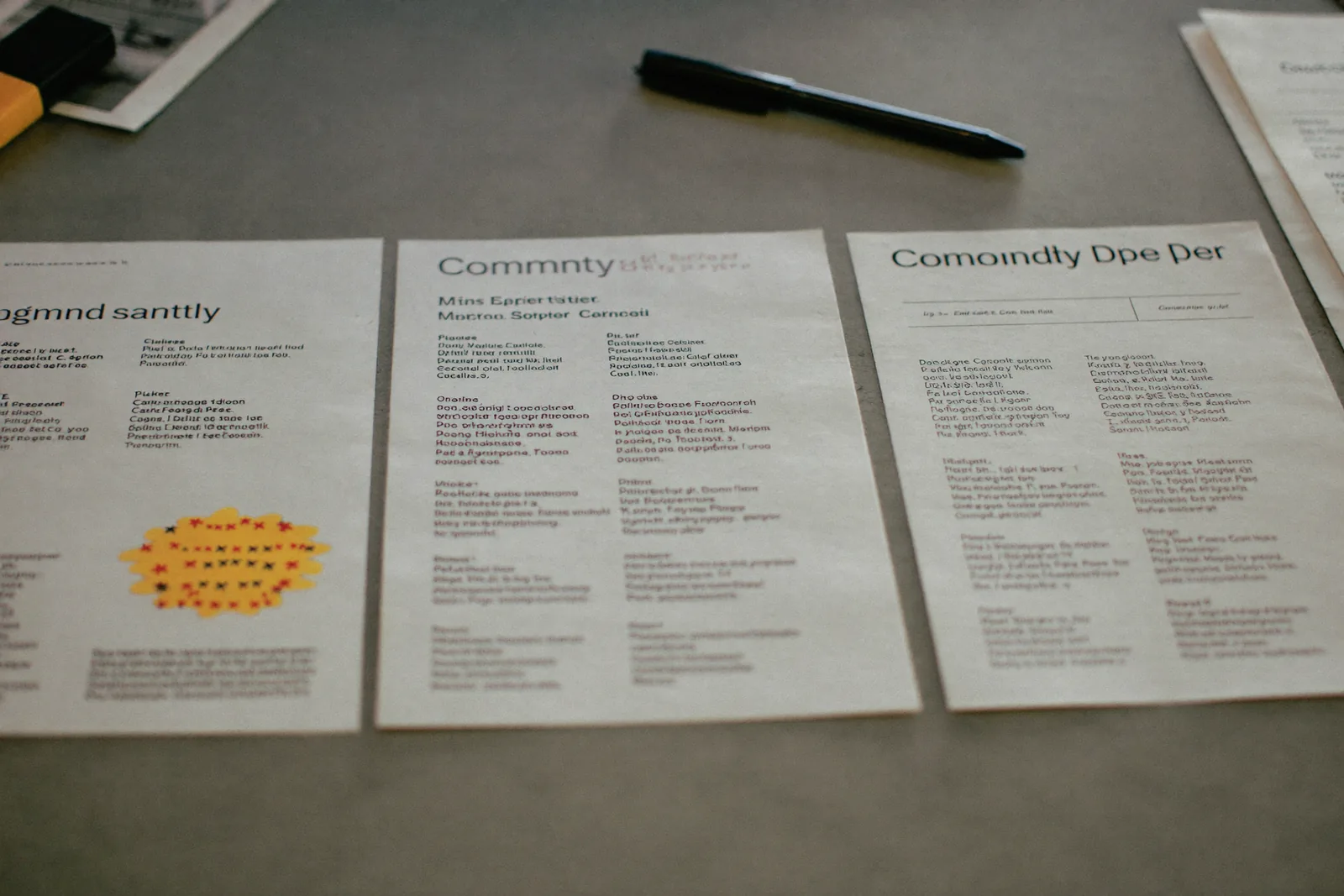 Three community information sheets in a row with a highlighter