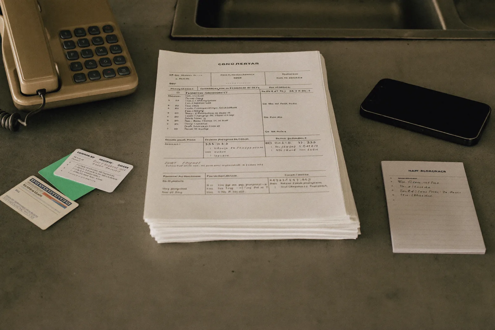 Documents, medication list and insurance cards on a kitchen table