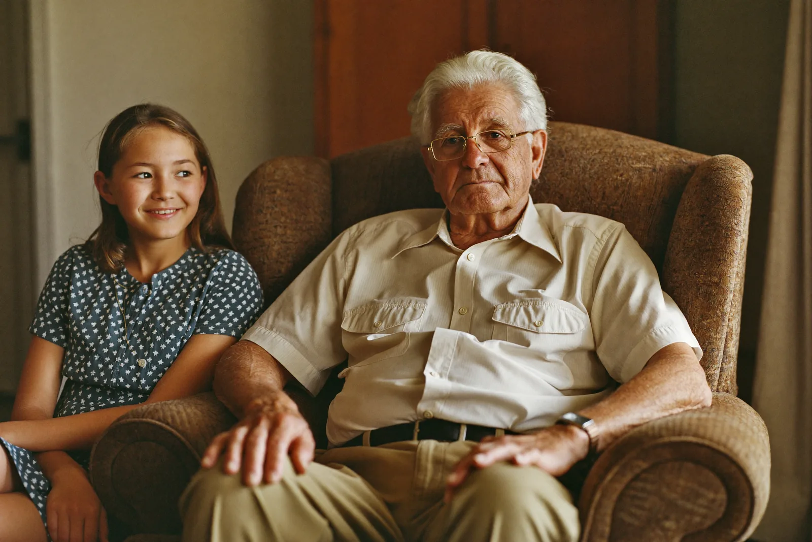Elderly father in his armchair while his daughter listens patiently