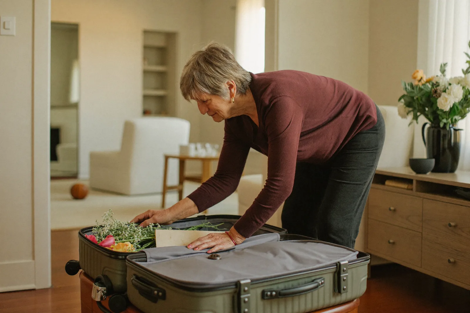 Elderly woman settling into a short stay apartment with flowers
